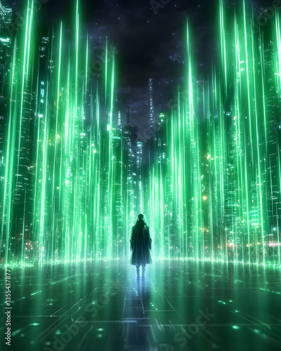 Futuristic city night, lone figure, green energy beams, technology background, sci-fi concept