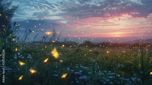 A magical summer night with thousands of glowing fireflies above a meadow, creating a dreamy atmosphere 