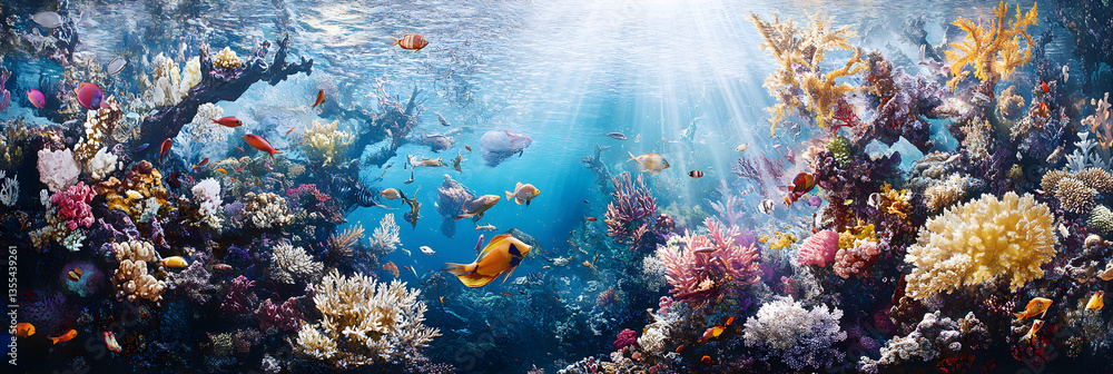 Fototapeta premium Vibrant Coral Reef Ecosystem: A Dynamic Underwater World of Colorful Corals and Diverse Marine Life