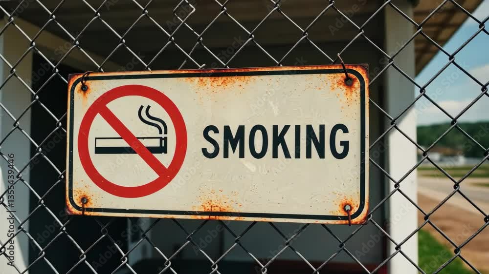 Rusty No Smoking Sign On Chain Link Fence Rusty No Smoking Sign On Chain Link Fence