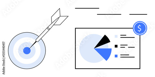 Dart hitting bullseye alongside data dashboard with pie chart and financial icon. Ideal for success, marketing, strategy, finance, analytics, planning, achievement. Flat simple metaphor