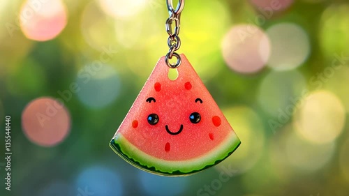 Adorable Watermelon Slice Keychain with Cheerful Expression on a Dreamy Bokeh Background