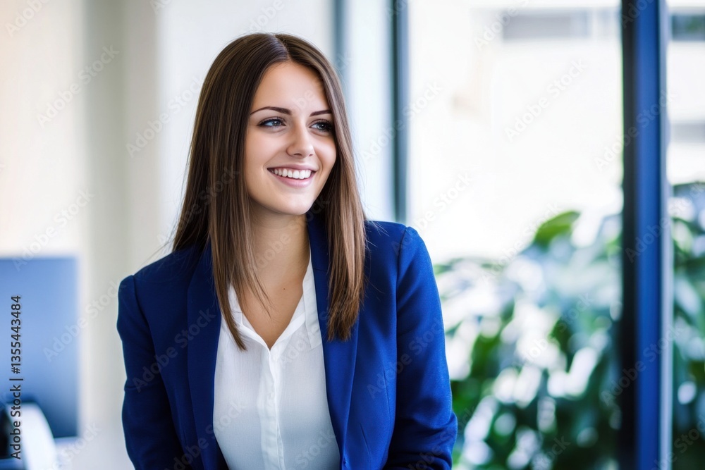 Young businesswoman smiling in modern office space Young businesswoman smiling in modern office space