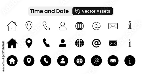 Time, date and address icon set. Calendar, clock, location. Editable stroke. Linear vector outline illustration. Vector illustration.