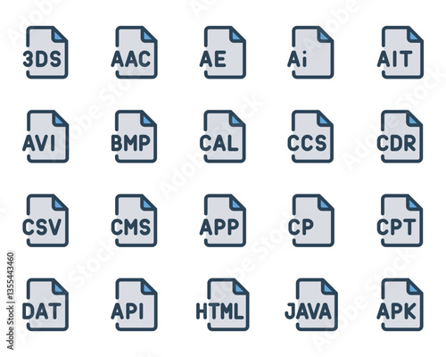 Filled blue outline icons set for Programming files