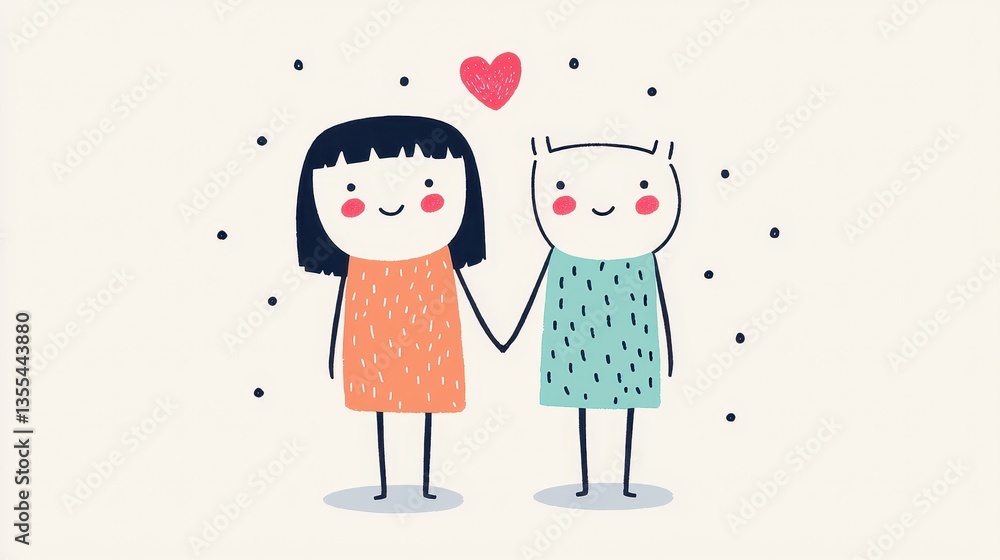 Two cute characters hold hands, surrounded by playful dots and a heart, radiating joy and love in a whimsical, colorful style. Two cute characters hold hands, surrounded by playful dots and a heart, radiating joy and love in a whimsical, colorful style.