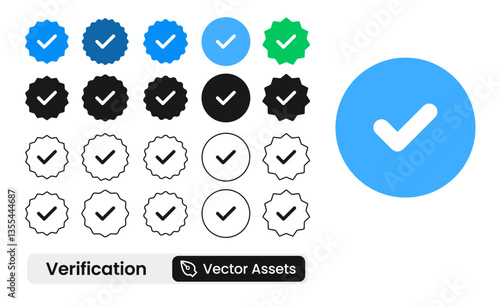 Verified badge icon tick, check marks set symbol, guaranteed safety person sign, blue green black checkmark signs, account verification icon, certificate quality. PNG, transparent