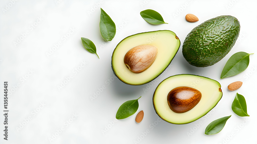 Halved Avocados with Leaves and Pits on White Background Halved Avocados with Leaves and Pits on White Background