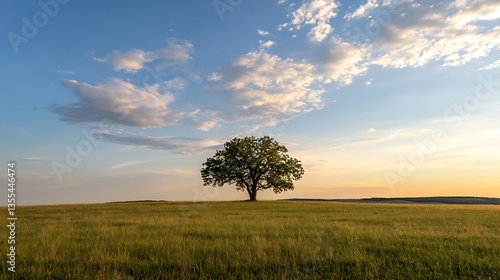Isolated Tree in a Golden Field at Sunset with a Beautiful Sky Filled with Clouds : Generative AI