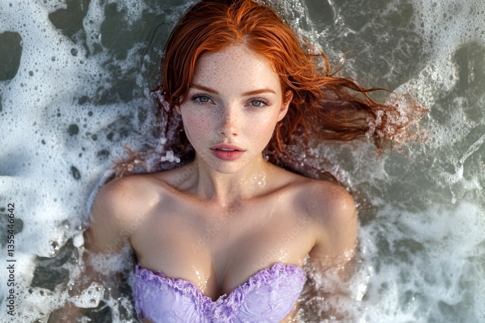 Obraz premium Bright Ñommercial style. Happy tropical travel. Lovely happy and sexy young woman with gorgeous thick short red hair in purple strapless bandeau enjoying turquoise sea, splashes around her.