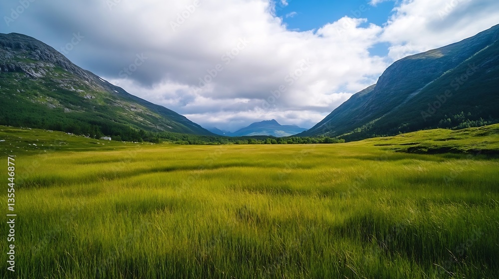 Lush Green Valley Surrounded by Majestic Mountains with Dramatic Clouds Above : Generative AI Lush Green Valley Surrounded by Majestic Mountains with Dramatic Clouds Above : Generative AI