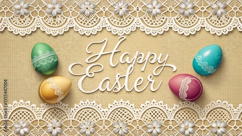 Happy Easter card with lace details and beautifully decorated eggs on a textured background, easter eggs on a wooden background