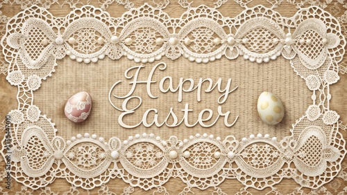 Happy Easter card featuring decorative lace and patterned eggs on a rustic background, easter egg with lace