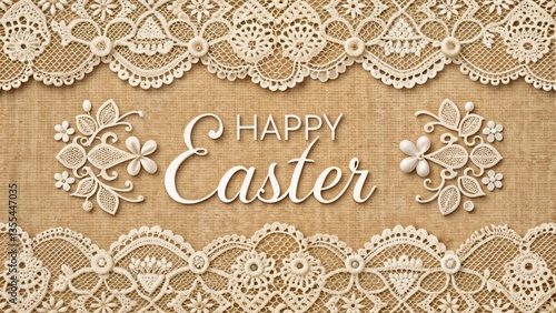 Happy Easter card with elegant lace design on a wooden background