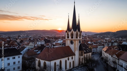 Wallpaper Mural Historic church with tall spires set against a beautiful sunset illuminating the skyline : Generative AI Torontodigital.ca