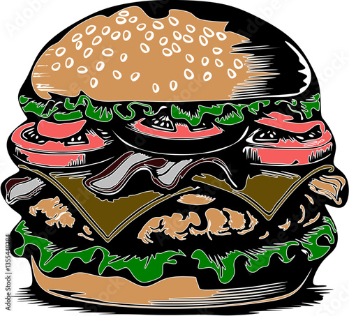 Juicy Hamburger with Cheese, Lettuce, and Tomato Vector, Vector illustration of two hamburgers in cartoon and realistic styles, featuring fresh ingredients like lettuce, tomato, and cheese.