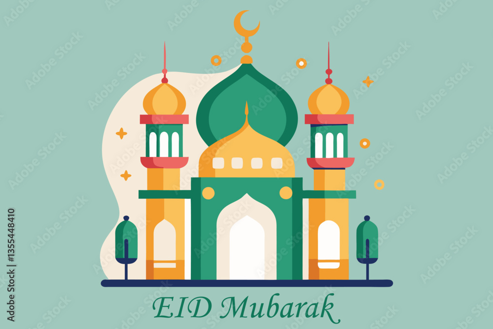 Fototapeta premium Illustration Mosque Eid Mubarak with Small Lamps, Vector Graphic Elements, Islamic Background