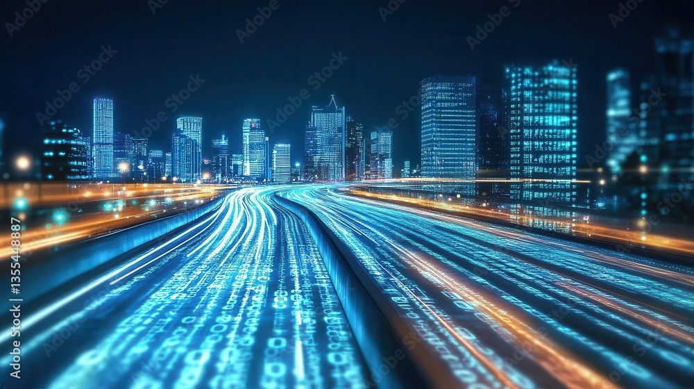 Obraz premium Data Highway City Lights and Binary Code Speed Trails.