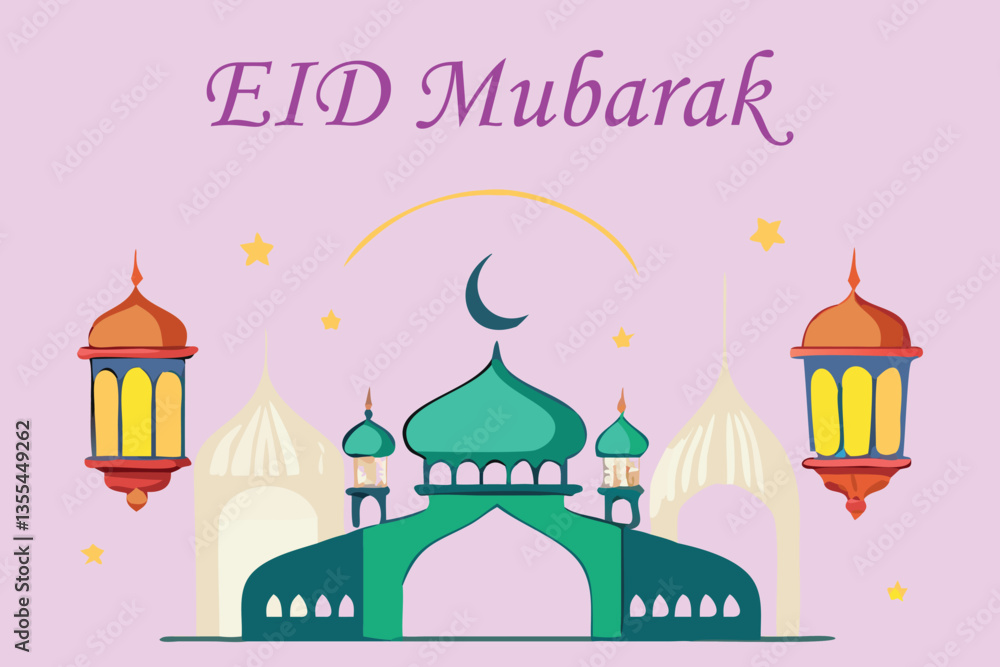 Naklejka premium Illustration Mosque Eid Mubarak with Small Lamps, Vector Graphic Elements, Islamic Background
