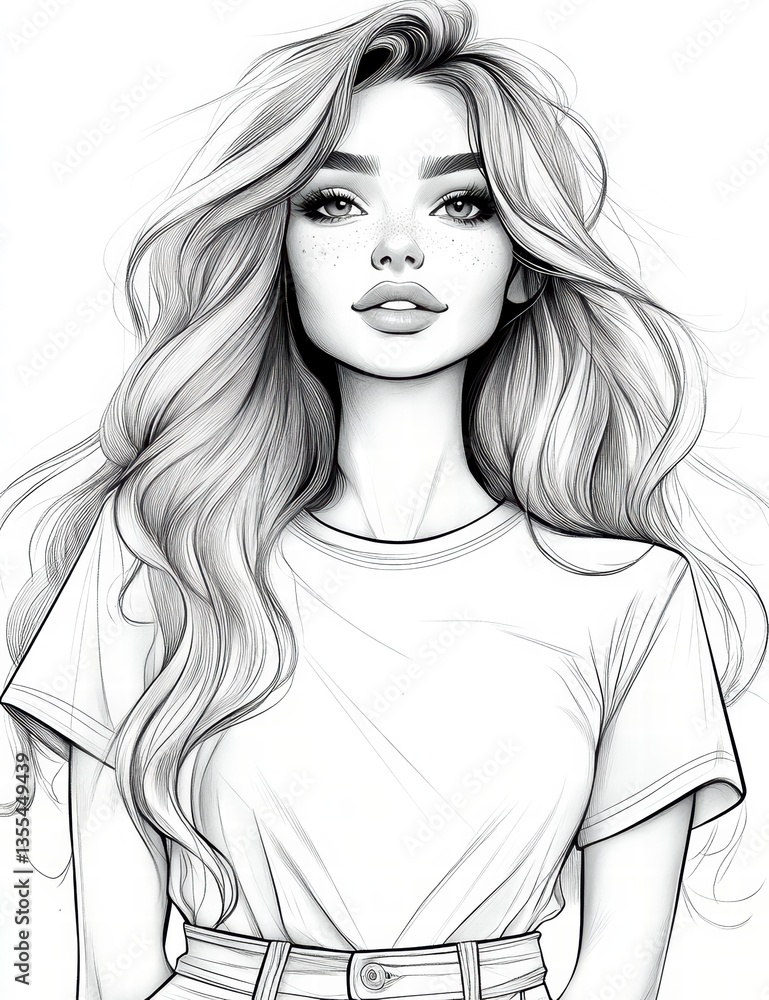 Serene Portrait of Beauty: A captivating portrayal of a youthful woman with flowing wavy hair, exhibiting a touch of elegance and serene beauty. Serene Portrait of Beauty: A captivating portrayal of a youthful woman with flowing wavy hair, exhibiting a touch of elegance and serene beauty.