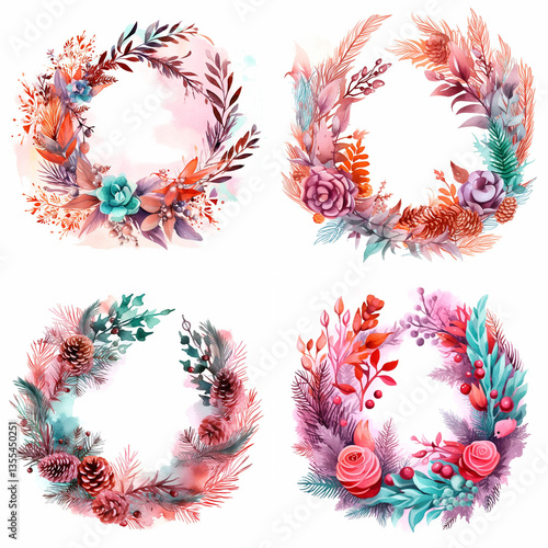 Four watercolor wreaths with floral and botanical elements in warm and cool tones.