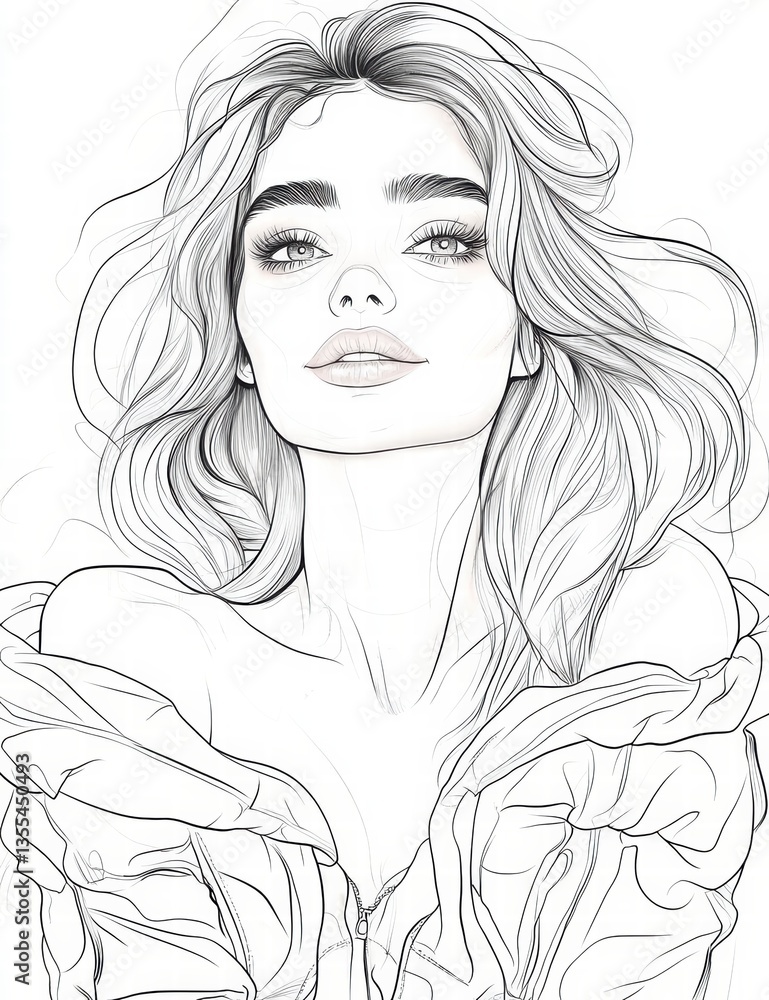 Fototapeta premium Line Art Beauty Portrait: A stunning portrait of a woman with flowing hair and expressive eyes rendered in delicate line art, a captivating glimpse of feminine beauty and grace.