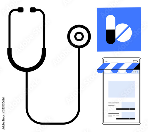Stethoscope with pill graphic and digital storefront emphasizes modern healthcare accessibility. Ideal for medicine, telemedicine, pharmacy, e-commerce, health technology, medical apps, flat simple