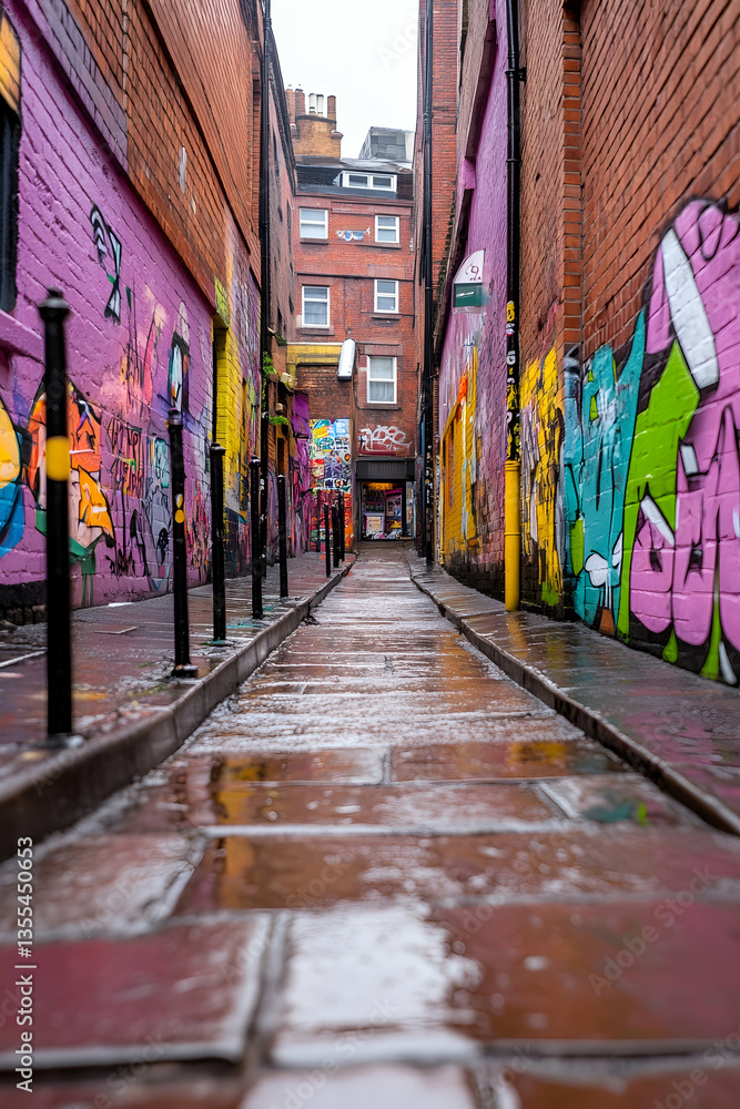 Fototapeta premium Graffiti-covered alleyway, rainy day, urban scene