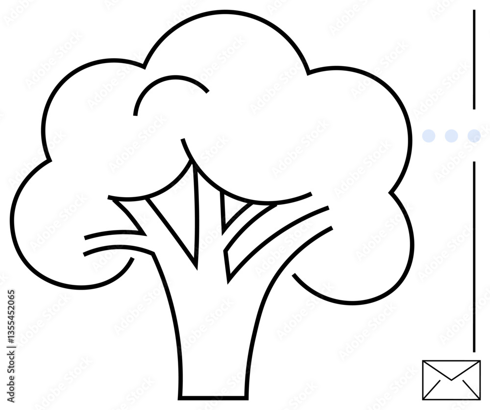 Outline of a tree with branches and foliage paired with an email icon and dotted line symbolizing growth, network, and communication. Ideal for nature, ecology, technology, communication, teamwork Outline of a tree with branches and foliage paired with an email icon and dotted line symbolizing growth, network, and communication. Ideal for nature, ecology, technology, communication, teamwork