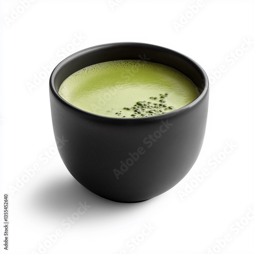 black ceramic cup with matcha latte, Isolated on white Background.