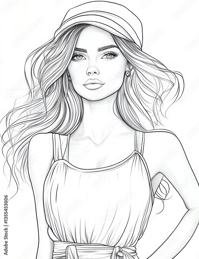 Fototapeta premium Elegant Woman Portrait: A line art drawing of a beautiful woman with flowing hair and fashionable attire, exuding a sense of grace and sophistication.