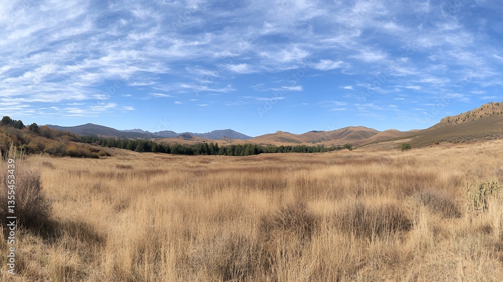 Scenic Grassy Field Landscape with Distant Mountains Under a Bright Blue Sky Scenic Grassy Field Landscape with Distant Mountains Under a Bright Blue Sky