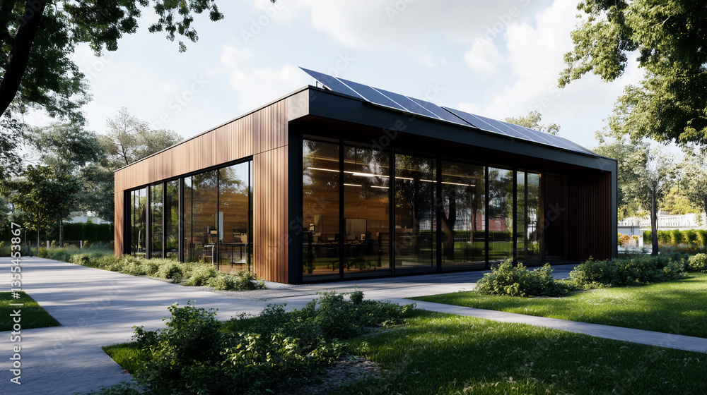A modern warehouse office with a wood-paneled exterior, incorporating eco-friendly materials and solar panels on the roof. Large windows provide ample natural light, and the buildi A modern warehouse office with a wood-paneled exterior, incorporating eco-friendly materials and solar panels on the roof. Large windows provide ample natural light, and the buildi