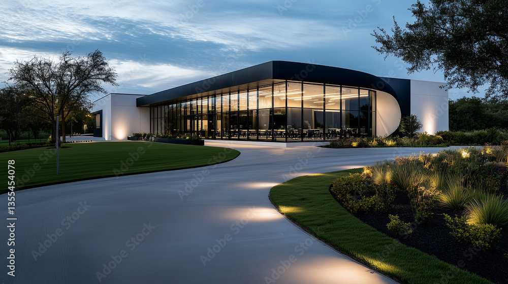 Obraz premium A modern warehouse office with a curved glass facade, black metal accents, and a bold white exterior, surrounded by manicured lawns and large planters filled with greenery. The dri