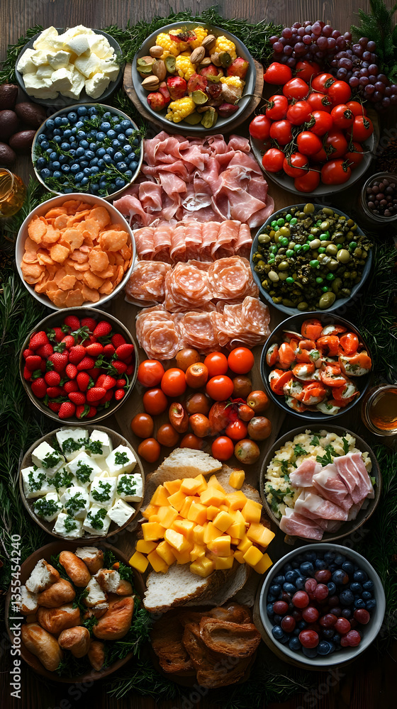 Fototapeta premium Colorful Variety Of Gourmet Finger Foods On Wooden Board