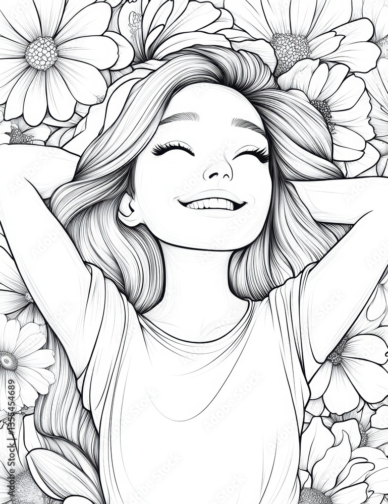 Fototapeta premium Serene Girl Amongst Blooms: A joyful young girl lies amidst a sea of vibrant flowers, a picture of peace and contentment with closed eyes and a beaming smile, surrounded by nature's gentle embrace