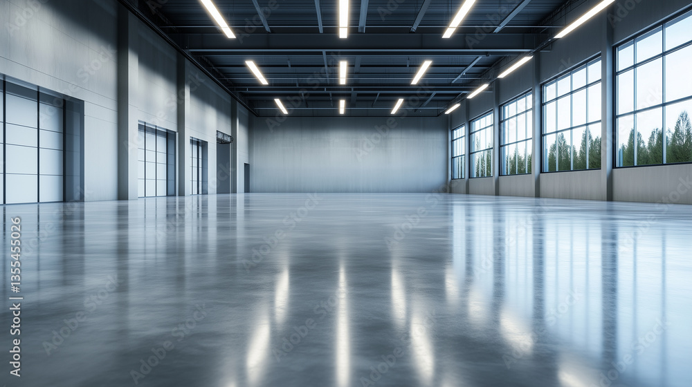 A clean, modern factory with an expansive, empty floor, smooth polished concrete underfoot, and overhead lights casting even, bright illumination. Large industrial windows line the A clean, modern factory with an expansive, empty floor, smooth polished concrete underfoot, and overhead lights casting even, bright illumination. Large industrial windows line the