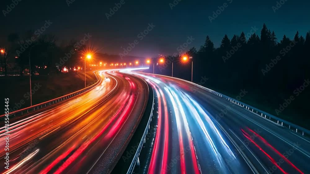 Vibrant streaks of vehicle lights illuminate a nighttime highway scene with motion blur Vibrant streaks of vehicle lights illuminate a nighttime highway scene with motion blur