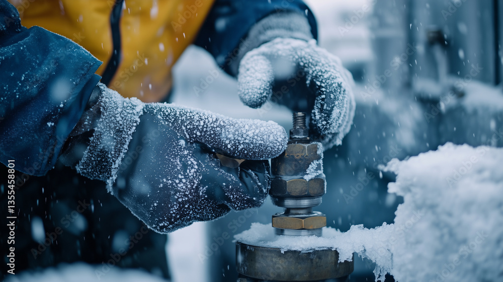 Close-up shot of a technicianâs gloved hands tightening a pressure valve on a liquefied natural gas storage tank, with frost forming around the valve due to the extreme cold of the