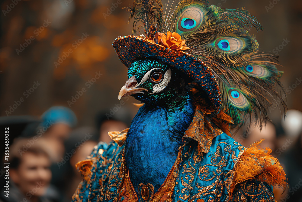 Obraz premium Peacock dressed as magician performing tricks pulling rabbit out of hat astonishing captivated audience members. Concept of illusion magic.