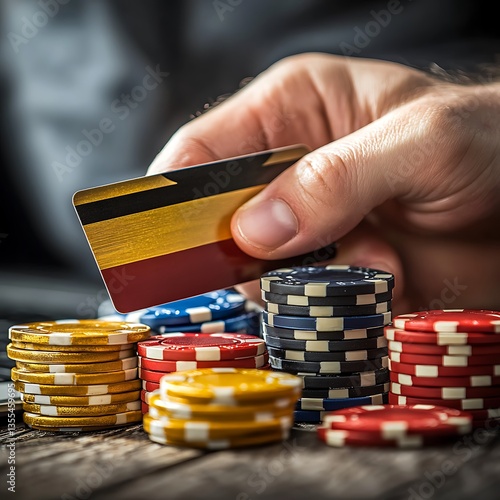 Hand holding card near poker chips.