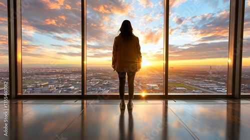 Woman Stands Looking Out Large Window at Sunset Over a City and Sky