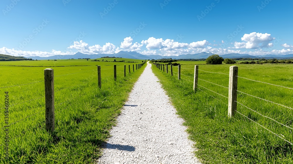 Scenic White Gravel Path Through Lush Green Fields Under a Blue Sky Scenic White Gravel Path Through Lush Green Fields Under a Blue Sky