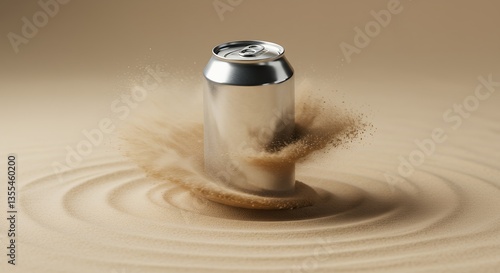 Silver Can Placed on Sand with Circular Ripple Effect and Dust Explosion