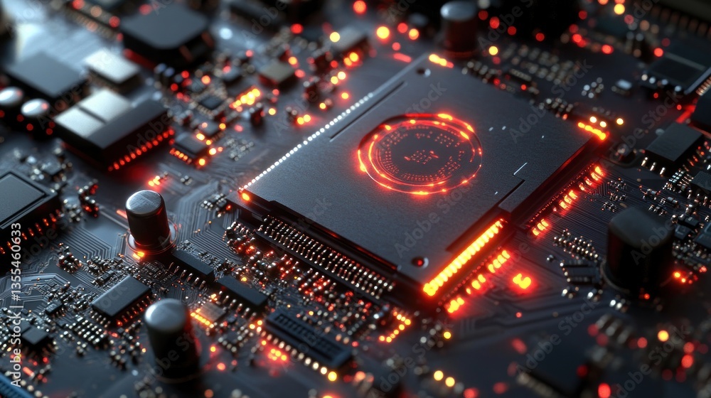 HighTech Circuit Board with Glowing Red Lights and Microchips Futuristic Electronics Design f HighTech Circuit Board with Glowing Red Lights and Microchips Futuristic Electronics Design f
