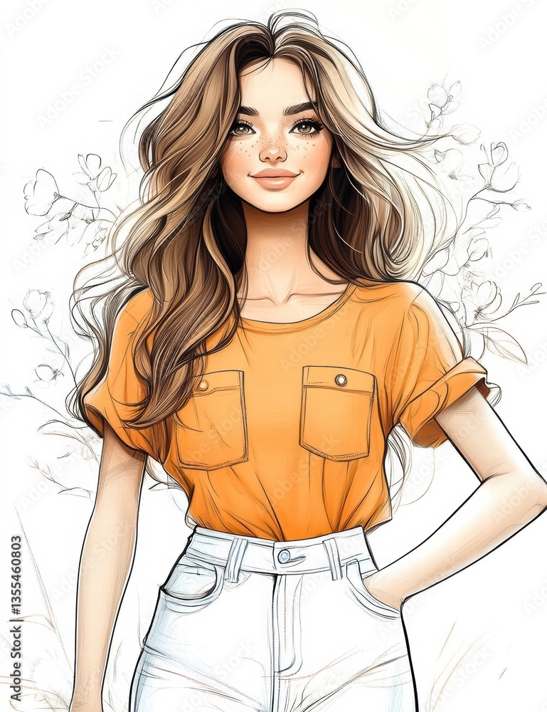 Joyful Portrait: a young woman radiates with confidence and style, her flowing hair and stylish attire capture a sense of modern elegance, enhanced by a backdrop of delicate floral motifs Joyful Portrait: a young woman radiates with confidence and style, her flowing hair and stylish attire capture a sense of modern elegance, enhanced by a backdrop of delicate floral motifs