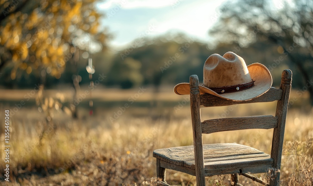Fototapeta premium Cowboy hat rests on weathered wooden chair