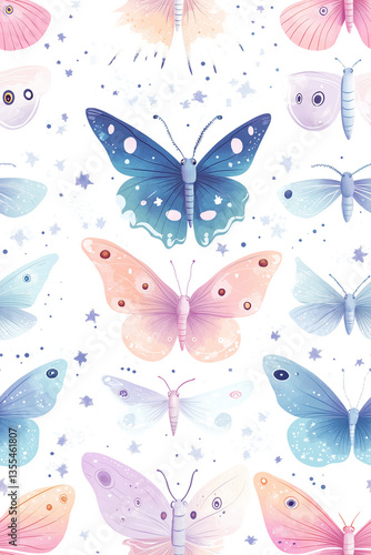 Seamless repeat pattern of moon moths in soft pastel shades