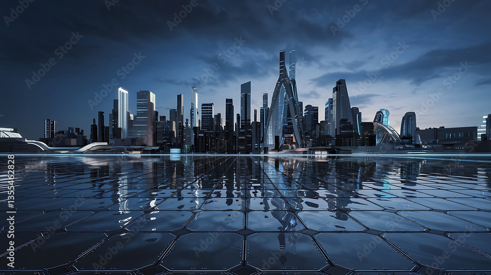 Obraz premium Futuristic cityscape reflected on a water-like surface