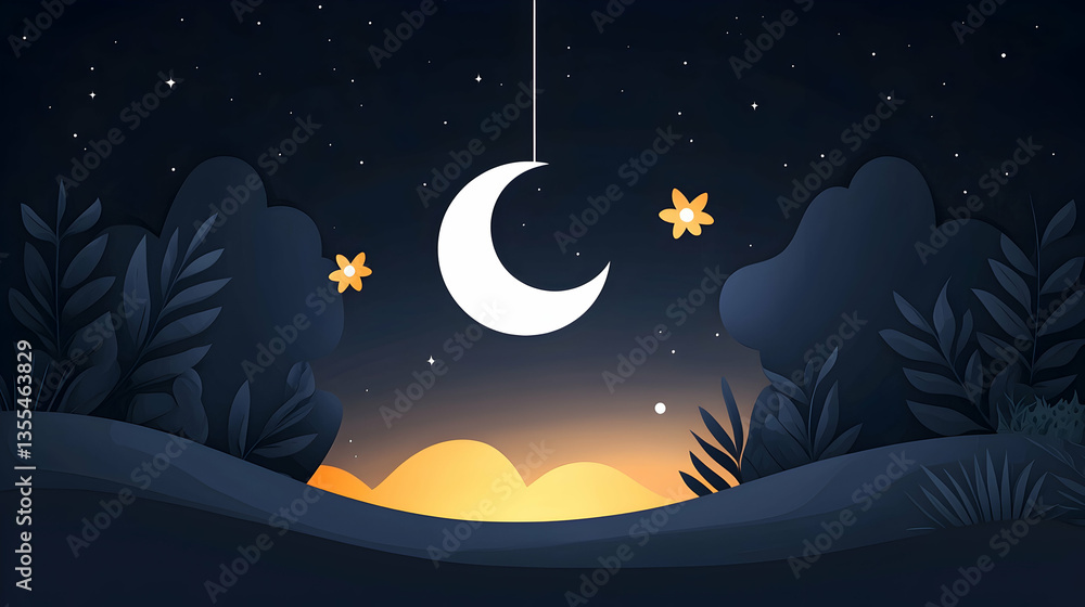 Naklejka premium Pixel Art Night Landscape with Crescent Moon and Sunset
